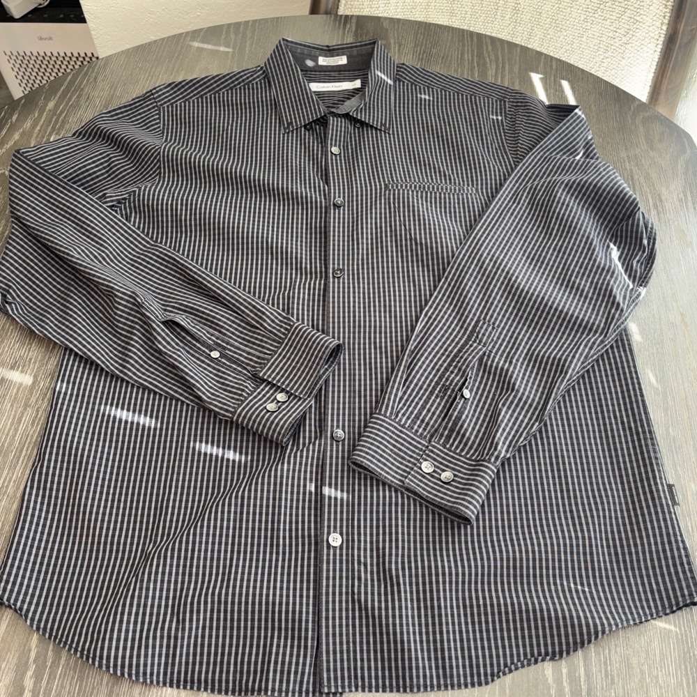 Calvin Klein Dress Shirt Mens Large Long Sleeve Button-Up Striped Black